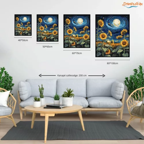 Örvénylő napraforgók - számfestő készlet - Számfestő.hu - 40×50cm - Keretre feszítve