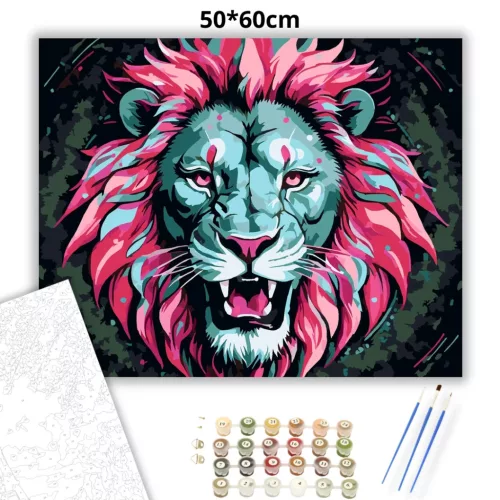 Neon sörényű oroszlán - számfestő készlet - Számfestő.hu - 50×60cm - Keretre feszítve