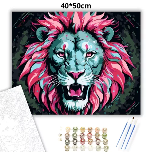 Neon sörényű oroszlán - számfestő készlet - Számfestő.hu - 40×50cm - Keretre feszítve