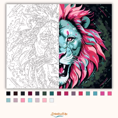 Neon sörényű oroszlán - számfestő készlet - Számfestő.hu - 40×50cm - Keretre feszítve