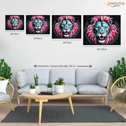 Neon sörényű oroszlán - számfestő készlet - Számfestő.hu - 40×50cm - Keretre feszítve