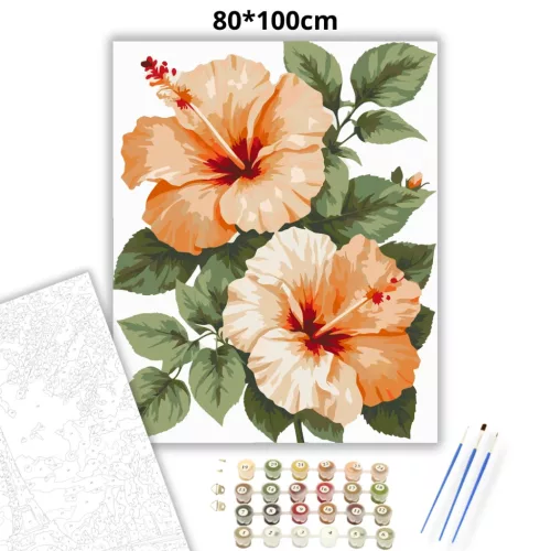 Barackos hibiszkuszok - számfestő készlet - Számfestő.hu - 80×100cm - Keretre feszítve