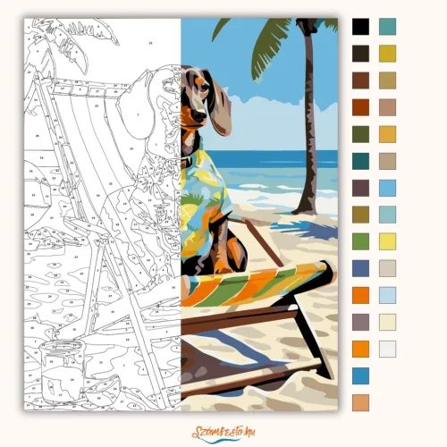 Nyaraló tacskó - számfestő készlet - Számfestő.hu - 60×70cm - Keretre feszítve