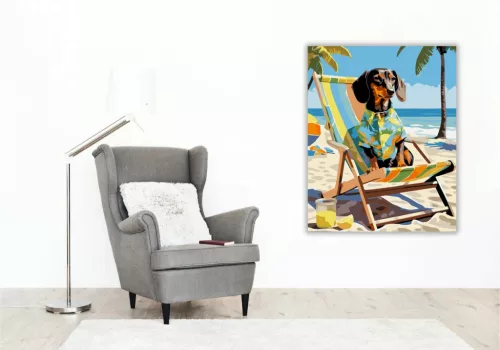 Nyaraló tacskó - számfestő készlet - Számfestő.hu - 60×70cm - Keretre feszítve