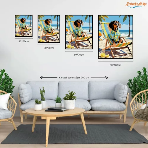 Nyaraló tacskó - számfestő készlet - Számfestő.hu - 80×100cm - Keretre feszítve