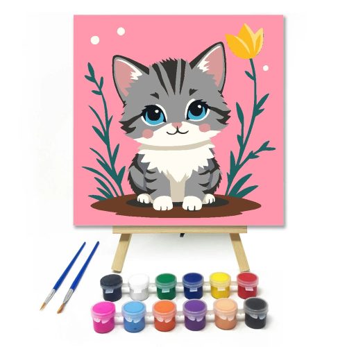 Vidám kiscica kertje - gyerek számfestő készlet - Számfestő.hu - 30×30cm - Keret nélkül