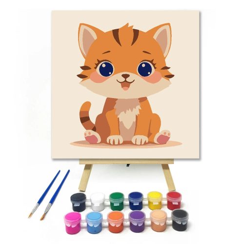 Mosolygós kiscica - gyerek számfestő készlet - Számfestő.hu - 50×50cm - Keret nélkül