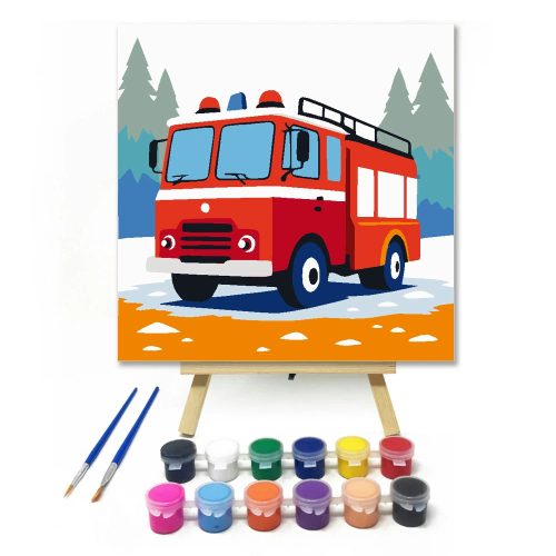 Bátor tűzoltóautó - gyerek számfestő készlet - Számfestő.hu - 20×20cm - Keretre feszítve