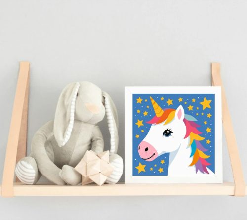 Mosolygós unikornis csillagai - gyerek számfestő készlet - Számfestő.hu - 20×20cm - Keretre feszítve