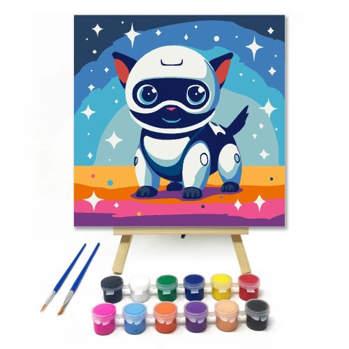 Mosolygós robotkutyus - gyerek számfestő készlet - Számfestő.hu - 50×50cm - Keretre feszítve