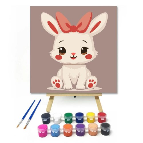 Mosolygós nyuszi masnija - gyerek számfestő készlet - Számfestő.hu - 20×20cm - Keretre feszítve