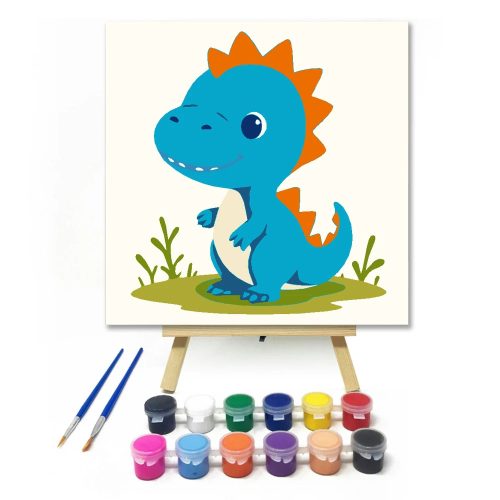 Kíváncsi kisdínó mosolya - gyerek számfestő készlet - Számfestő.hu - 20×20cm - Keretre feszítve