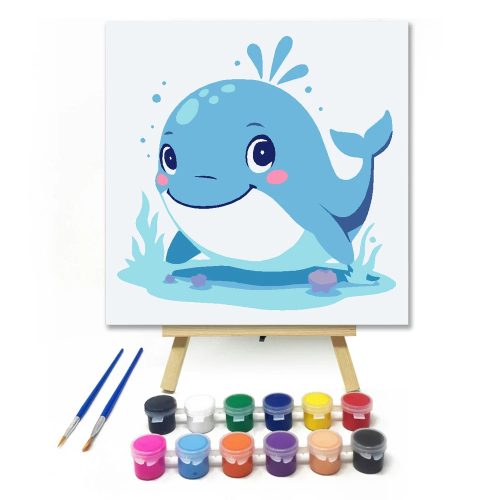 Mosolygós kis bálna - gyerek számfestő készlet - Számfestő.hu - 30×30cm - Keretre feszítve