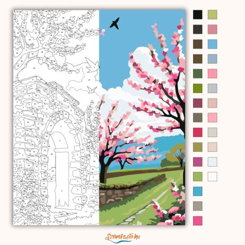 Tavaszi mohás boltív - számfestő készlet - Számfestő.hu - 40×50cm - Keret nélkül