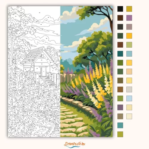 Virágágyások ösvénye - számfestő készlet - Számfestő.hu - 60×70cm - Keretre feszítve