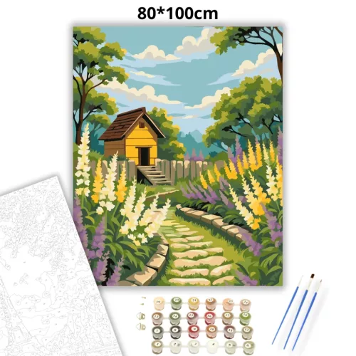 Virágágyások ösvénye - számfestő készlet - Számfestő.hu - 80×100cm - Keretre feszítve