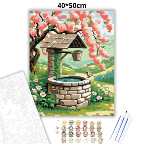 Tavaszi kőkút nyugalma - számfestő készlet - Számfestő.hu - 40×50cm - Keret nélkül