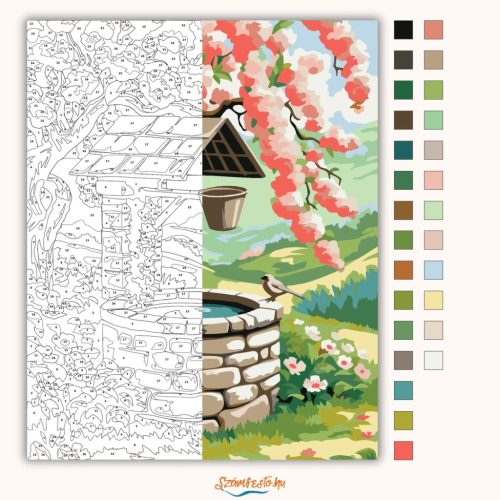 Tavaszi kőkút nyugalma - számfestő készlet - Számfestő.hu - 40×50cm - Keret nélkül