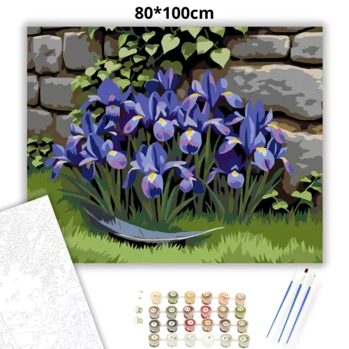 Tavaszi íriszek a kőfalnál - számfestő készlet - Számfestő.hu - 80×100cm - Keretre feszítve