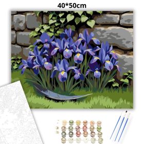 Tavaszi íriszek a kőfalnál - számfestő készlet - Számfestő.hu - 40×50cm - Keret nélkül