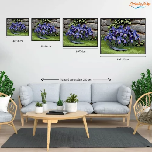 Tavaszi íriszek a kőfalnál - számfestő készlet - Számfestő.hu - 40×50cm - Keretre feszítve