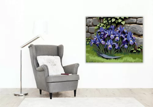 Tavaszi íriszek a kőfalnál - számfestő készlet - Számfestő.hu - 40×50cm - Keret nélkül