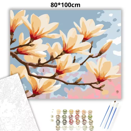 Aranyló magnólia szirmok - számfestő készlet - Számfestő.hu - 80×100cm - Keretre feszítve