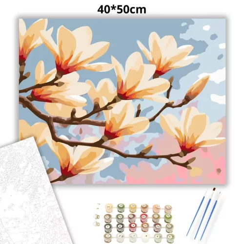 Aranyló magnólia szirmok - számfestő készlet - Számfestő.hu - 40×50cm - Keretre feszítve