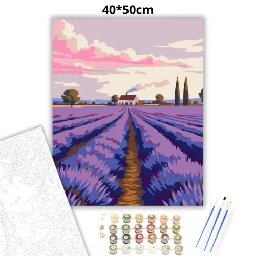 Alkonyi levendulaföld - számfestő készlet - Számfestő.hu - 40×50cm - Keretre feszítve