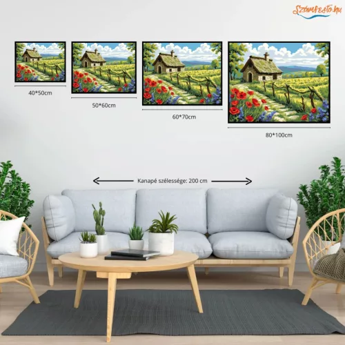 Napsütötte pipacsos ház - számfestő készlet - Számfestő.hu - 50×60cm - Keretre feszítve
