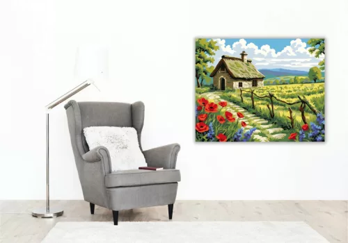 Napsütötte pipacsos ház - számfestő készlet - Számfestő.hu - 50×60cm - Keretre feszítve