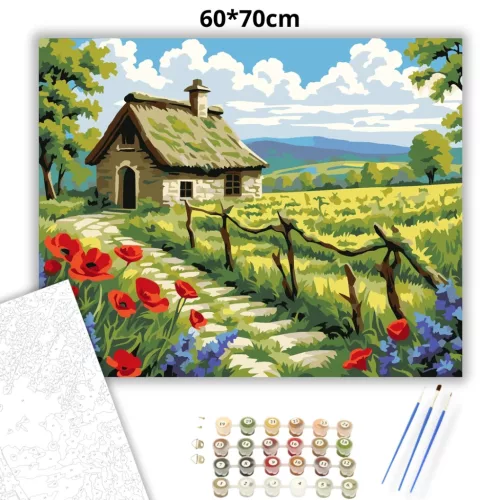 Napsütötte pipacsos ház - számfestő készlet - Számfestő.hu - 60×70cm - Keret nélkül