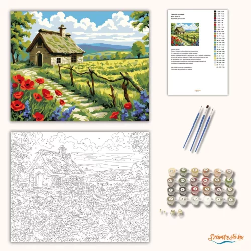 Napsütötte pipacsos ház - számfestő készlet - Számfestő.hu - 80×100cm - Keretre feszítve