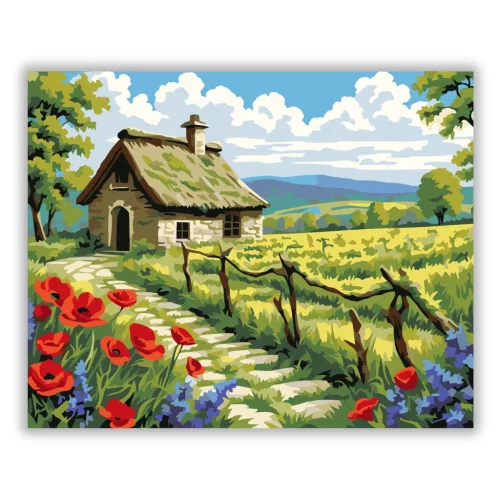 Napsütötte pipacsos ház - számfestő készlet - Számfestő.hu - 80×100cm - Keret nélkül