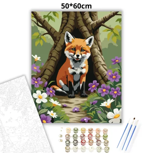 Kíváncsi rókakölyök - számfestő készlet - Számfestő.hu - 50×60cm - Keretre feszítve