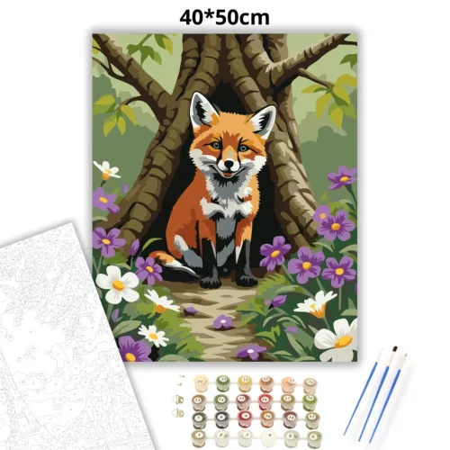 Kíváncsi rókakölyök - számfestő készlet - Számfestő.hu - 40×50cm - Keretre feszítve