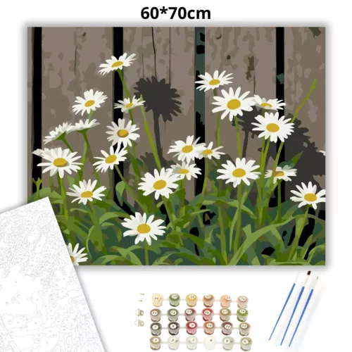 Margaréták a kerítésnél - számfestő készlet - Számfestő.hu - 60×70cm - Keret nélkül