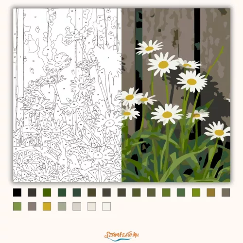 Margaréták a kerítésnél - számfestő készlet - Számfestő.hu - 60×70cm - Keretre feszítve