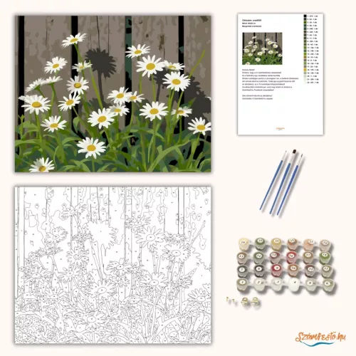 Margaréták a kerítésnél - számfestő készlet - Számfestő.hu - 40×50cm - Keretre feszítve