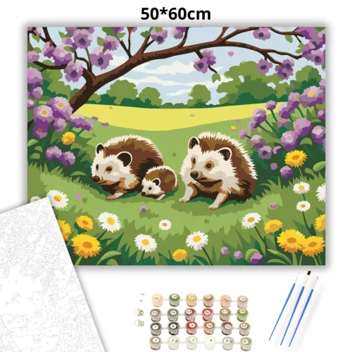 Tavaszi süncsalád - számfestő készlet - Számfestő.hu - 50×60cm - Keret nélkül