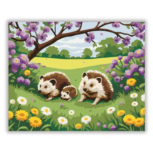 Tavaszi süncsalád - számfestő készlet - Számfestő.hu - 50×60cm - Keretre feszítve