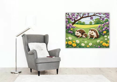 Tavaszi süncsalád - számfestő készlet - Számfestő.hu - 50×60cm - Keret nélkül