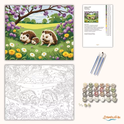 Tavaszi süncsalád - számfestő készlet - Számfestő.hu - 80×100cm - Keretre feszítve