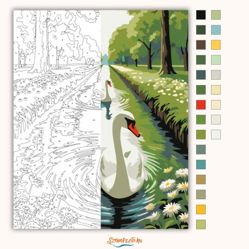 Hattyúpár a csatornán - számfestő készlet - Számfestő.hu - 50×60cm - Keret nélkül