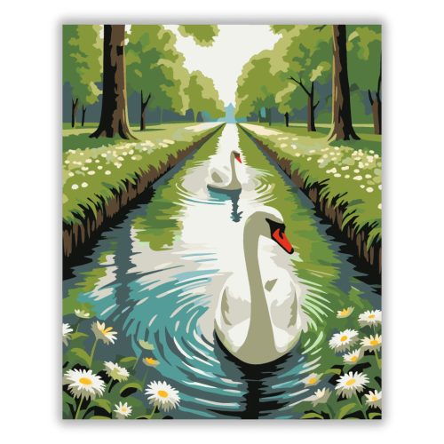 Hattyúpár a csatornán - számfestő készlet - Számfestő.hu - 60×70cm - Keretre feszítve