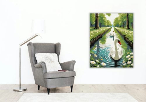 Hattyúpár a csatornán - számfestő készlet - Számfestő.hu - 60×70cm - Keretre feszítve