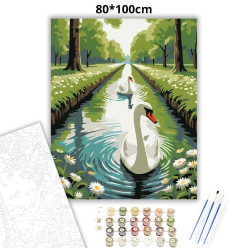 Hattyúpár a csatornán - számfestő készlet - Számfestő.hu - 80×100cm - Keretre feszítve