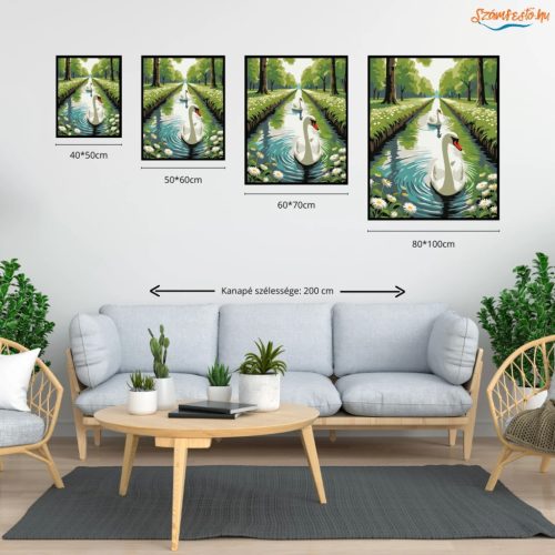 Hattyúpár a csatornán - számfestő készlet - Számfestő.hu - 80×100cm - Keretre feszítve