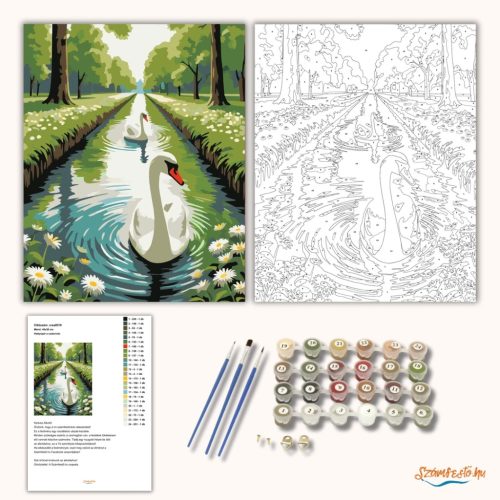 Hattyúpár a csatornán - számfestő készlet - Számfestő.hu - 40×50cm - Keretre feszítve