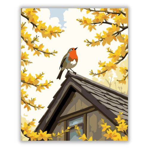 Tavaszi vörösbegy a tetőn - számfestő készlet - Számfestő.hu - 50×60cm - Keretre feszítve